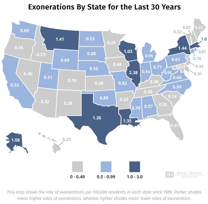 The rate of exonerations per 100,000 residents in each state since 1989