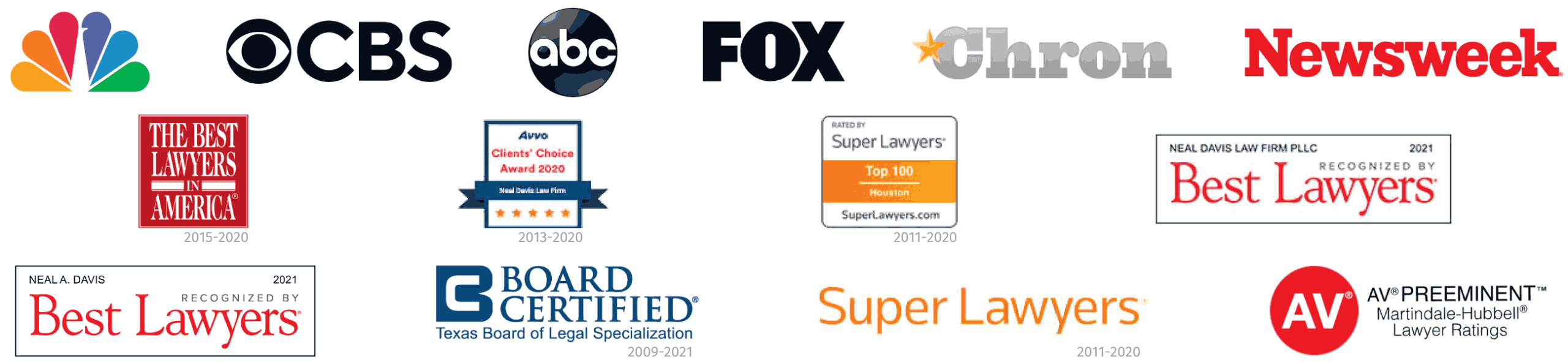 Board Certified, Criminal Law – Texas Board of Legal Specialization (2009-2021), AV Rated by Martindale Hubbell (2015), and listed as a Best Lawyer in America (2015-2022)